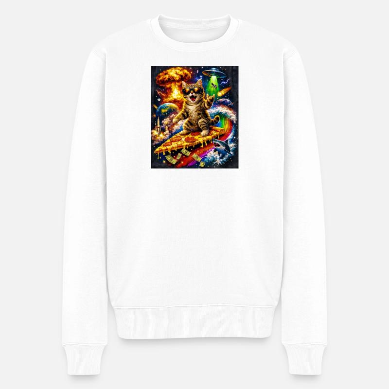 Weltraumkatze auf Pizza - Männer Premium Bio Pullover - Weiß