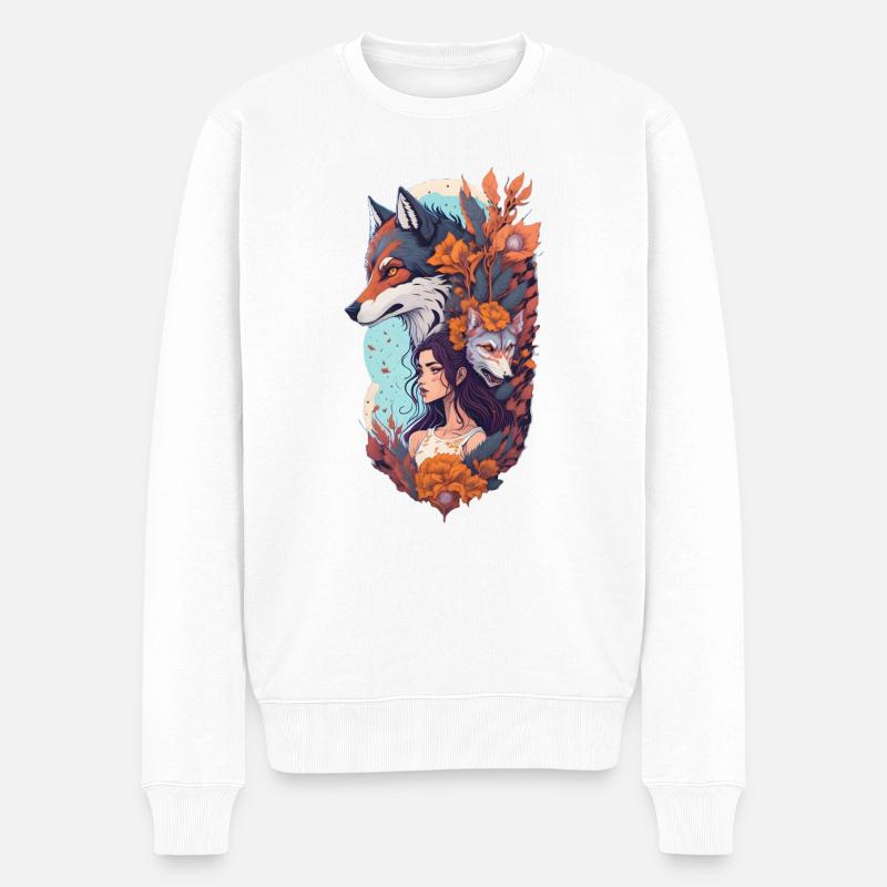 shewolfdaughter Wolf Wölfe Blumen - Männer Premium Bio Pullover - Weiß