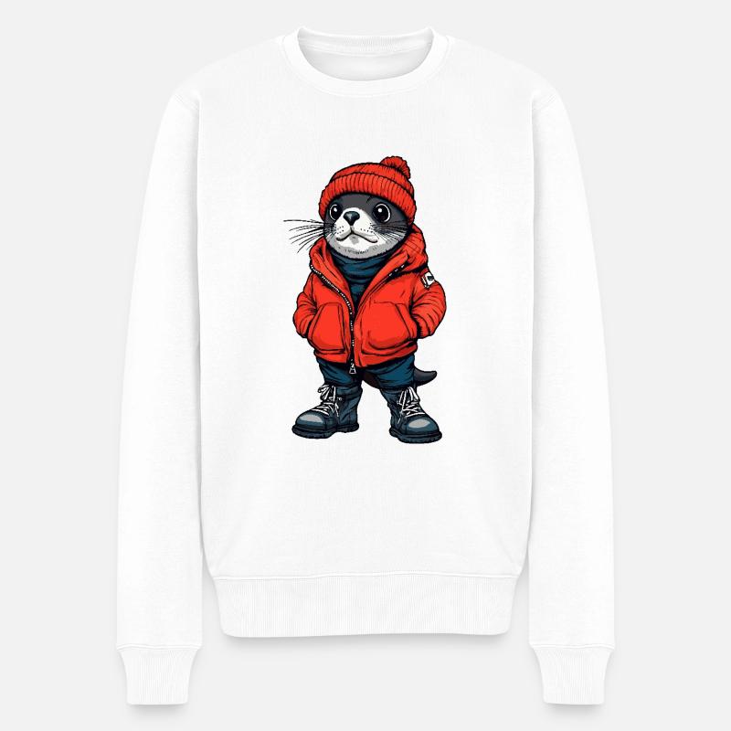Robbe Tier Lustig Winter - Männer Premium Bio Pullover - Weiß