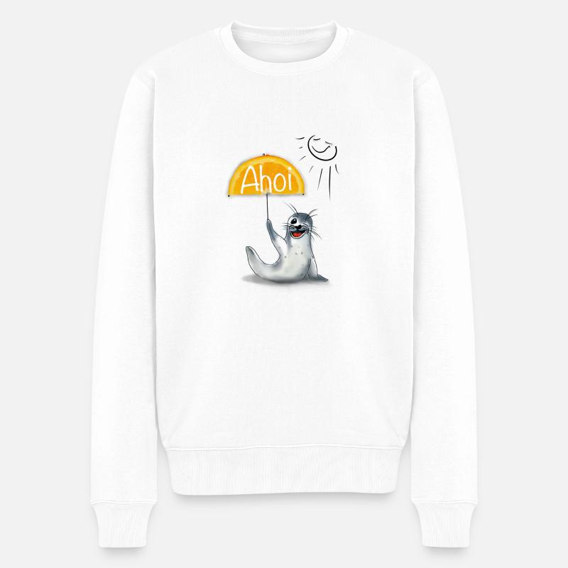 Seehund mit fruchtigem Sonnenschirm - Männer Premium Bio Pullover - Weiß