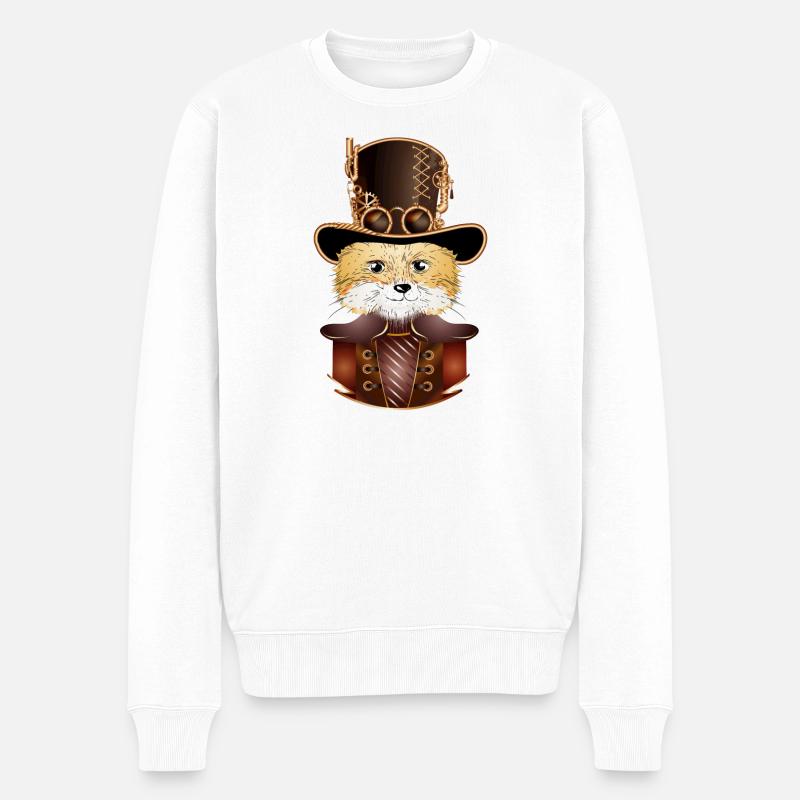 Steampunk Fuchs mit antiken Zylinder Hut Look - Männer Premium Bio Pullover - Weiß
