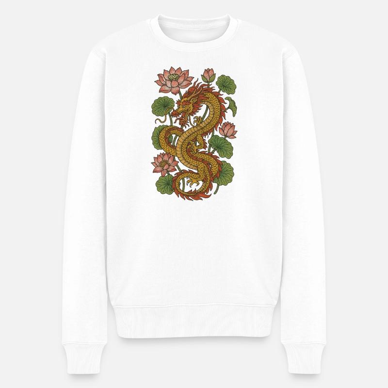 Goldener Drache unter der Lotusblume - Männer Premium Bio Pullover - Weiß