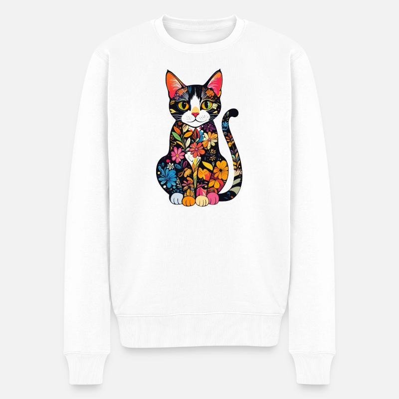 Blütenkatze Farbexplosion - Männer Premium Bio Pullover - Weiß