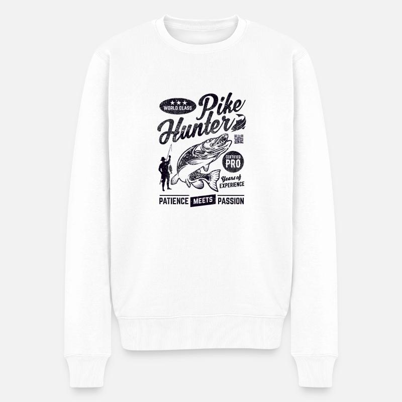 Lustiges Anglershirt "Pike Hunter" - Männer Premium Bio Pullover - Weiß