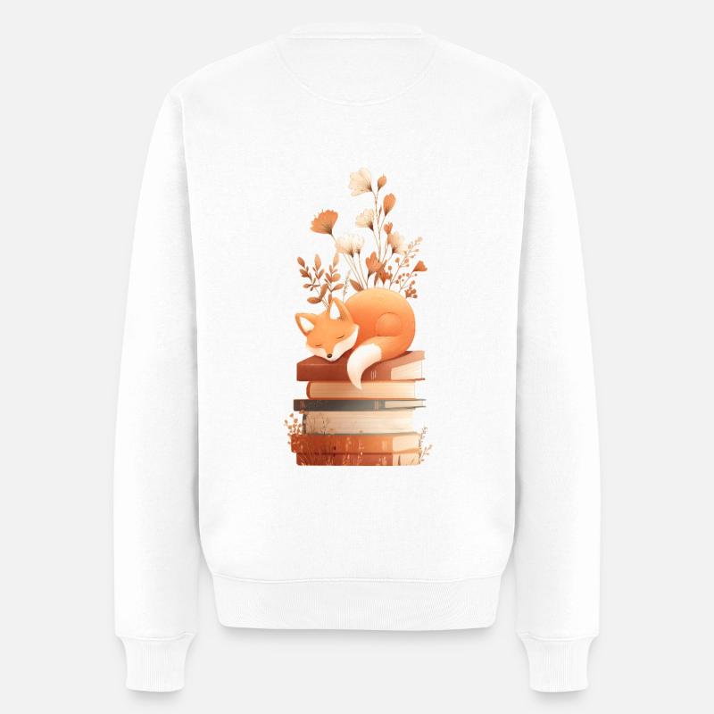 Fuchs auf Bücherstapel - Männer Premium Bio Pullover - Weiß