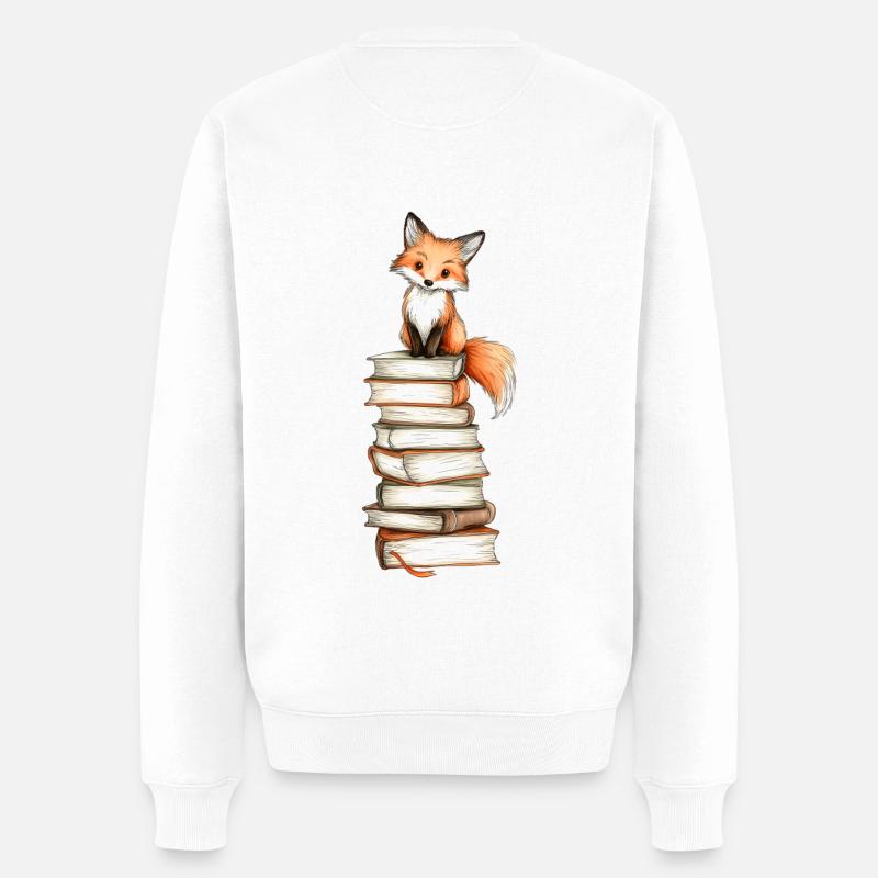 Fuchs auf Bücherstapel - Männer Premium Bio Pullover - Weiß