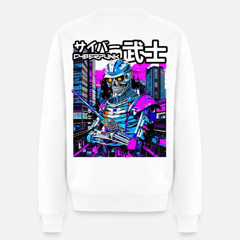 Cyber-Samurai Skelett Neon City - Männer Premium Bio Pullover - Weiß