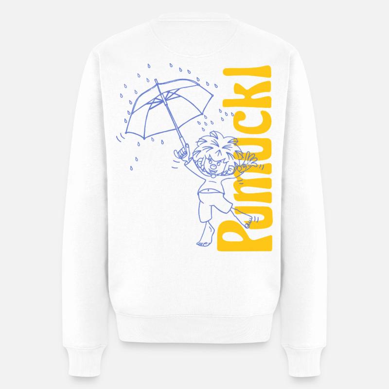 Pumuckl Mit Regenschirm Und Schriftzug - Männer Premium Bio Pullover - Weiß