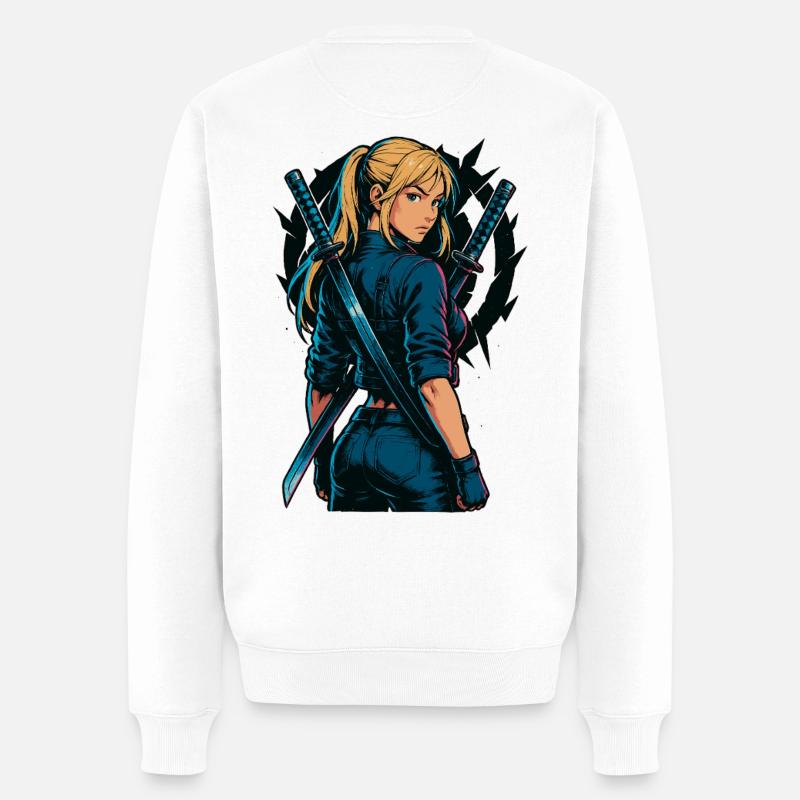 Kämpferin Samurai Zweikatanas Motiv - Männer Premium Bio Pullover - Weiß