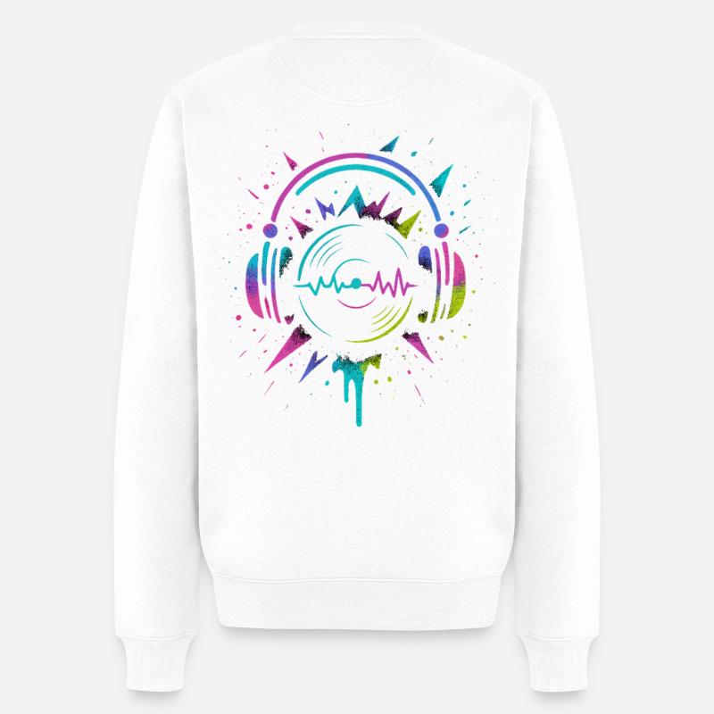 Casque néon, vinyle, son techno rave - Pull Premium bio Homme - blanc