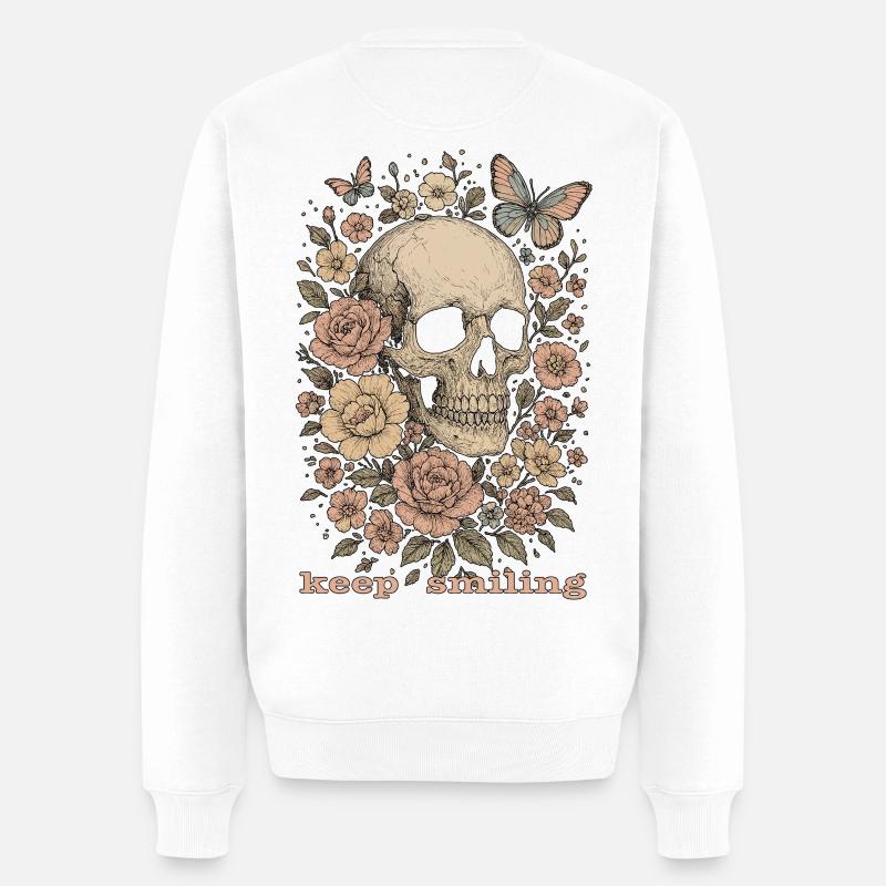Keep smiling - Totenkopf & Blumen - Männer Premium Bio Pullover - Weiß