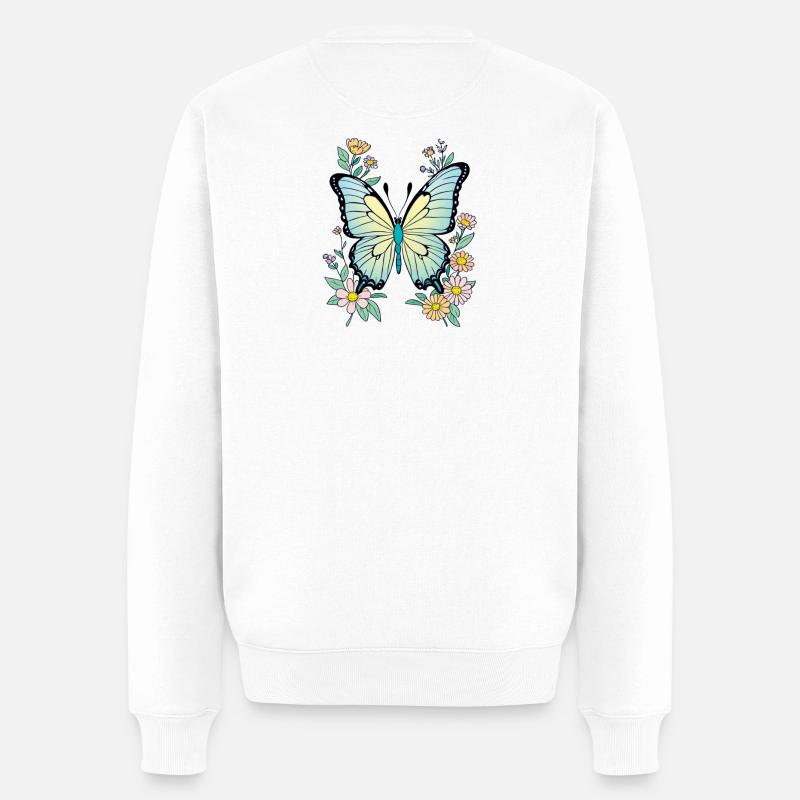 Schmetterling blau mit Blumen, Butterfly - Männer Premium Bio Pullover - Weiß