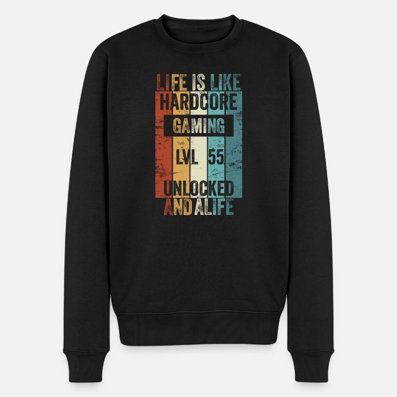 Level 55 Life is like Hardcore Gaming - Männer Premium Bio Pullover - Schwarz