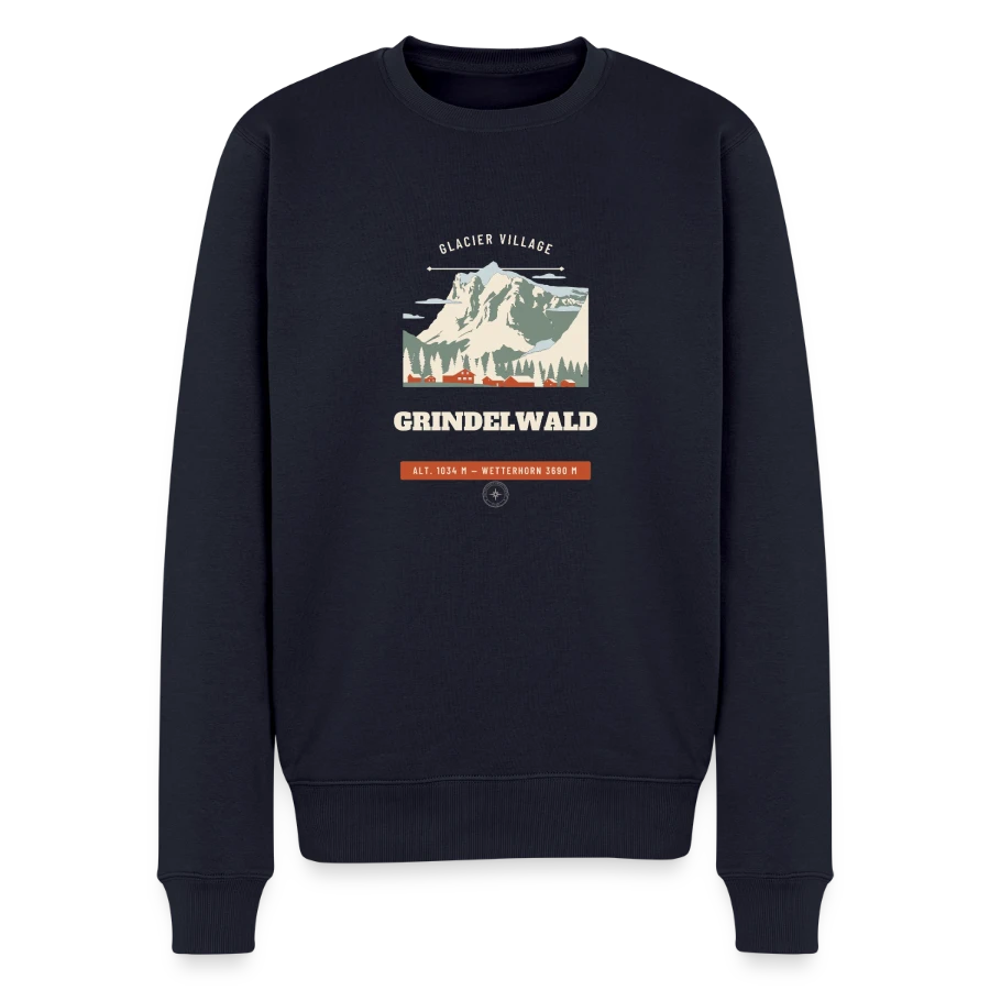 Grindelwald badge on a men's premium organic jumper, navy, front