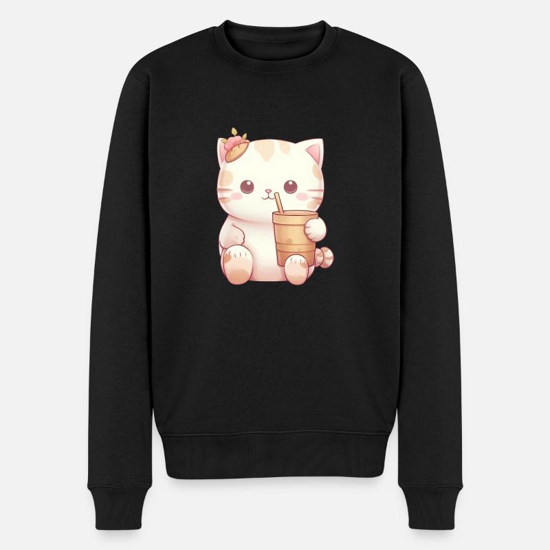 Katze im Bubble-Tea-Zauber - Männer Premium Bio Pullover - Schwarz