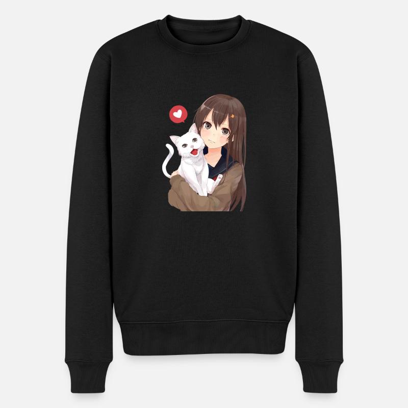 girl with cat - Männer Premium Bio Pullover - Schwarz