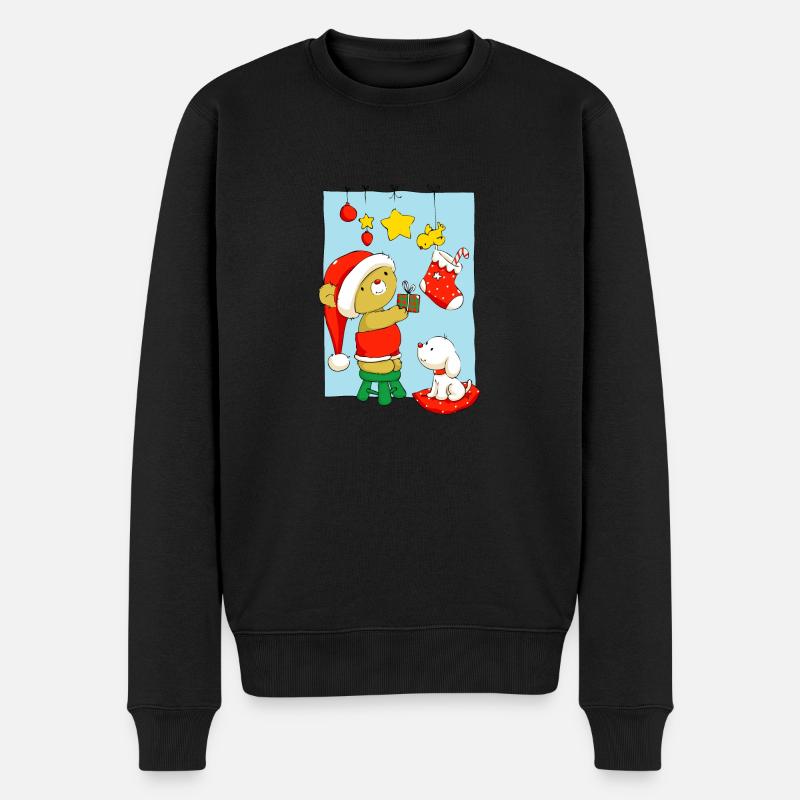 Christmas Bear doing Christmas decorations - Männer Premium Bio Pullover - Schwarz