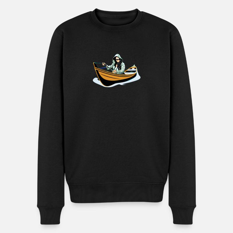 Fischerin im Ruderboot - Männer Premium Bio Pullover - Schwarz
