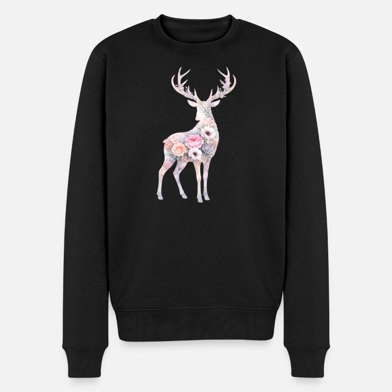 Hirsch Aquarell Silhouette Blumen - Männer Premium Bio Pullover - Schwarz