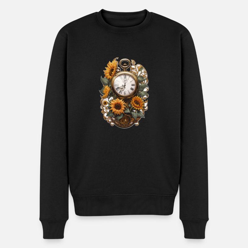 Uhr mit Sonnenblumen - Männer Premium Bio Pullover - Schwarz