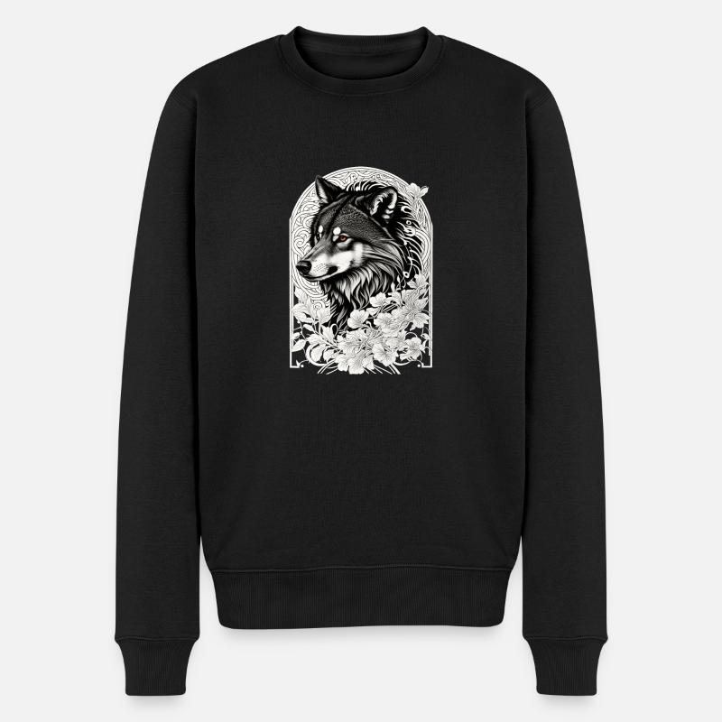 Wolf mit Blumen - Männer Premium Bio Pullover - Schwarz