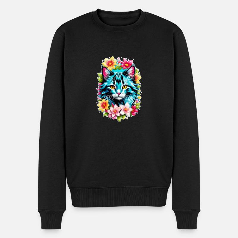 chat et fleur aquarelle - Pull Premium bio Homme - noir