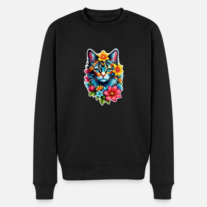 chat et fleur aquarelle - Pull Premium bio Homme - noir