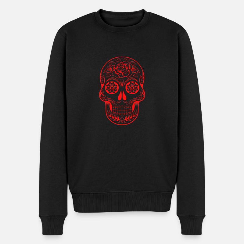 crâne rouge, orné de fleurs - Pull Premium bio Homme - noir
