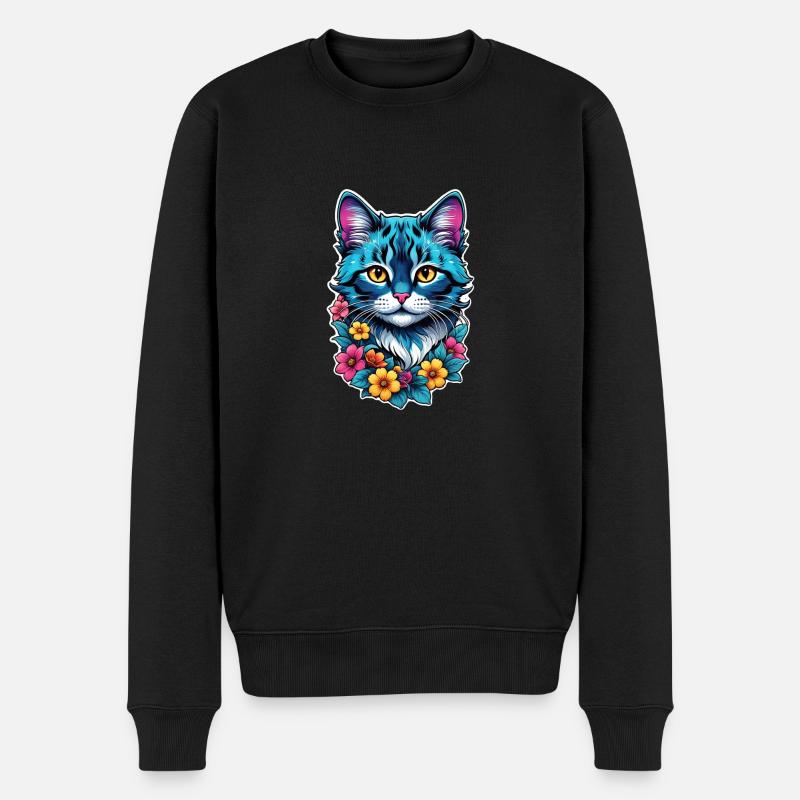 chat et fleur aquarelle - Pull Premium bio Homme - noir