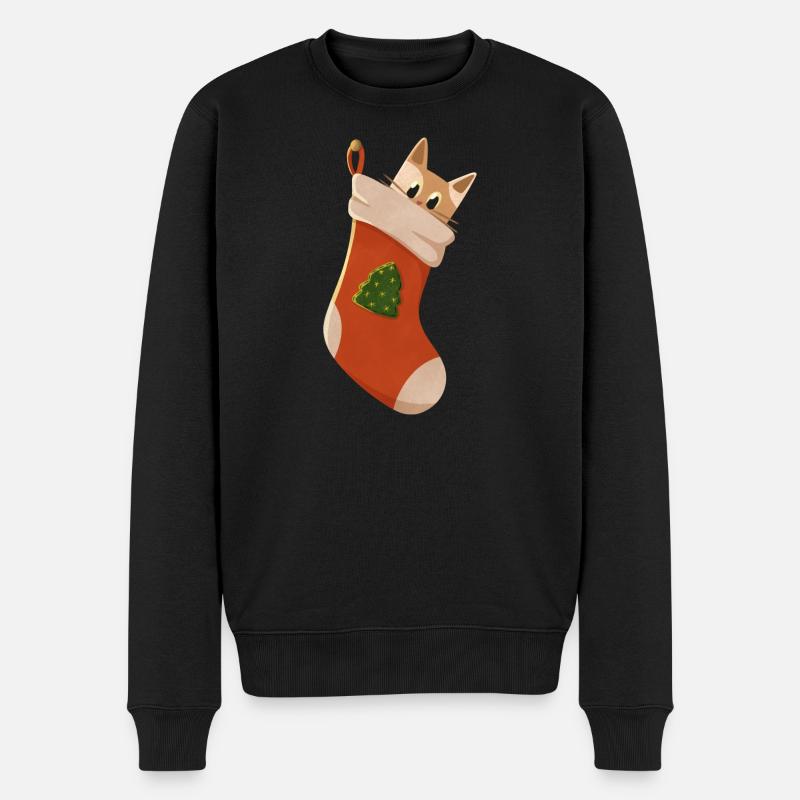 Katze in Weihnachtsstrumpf - Männer Premium Bio Pullover - Schwarz