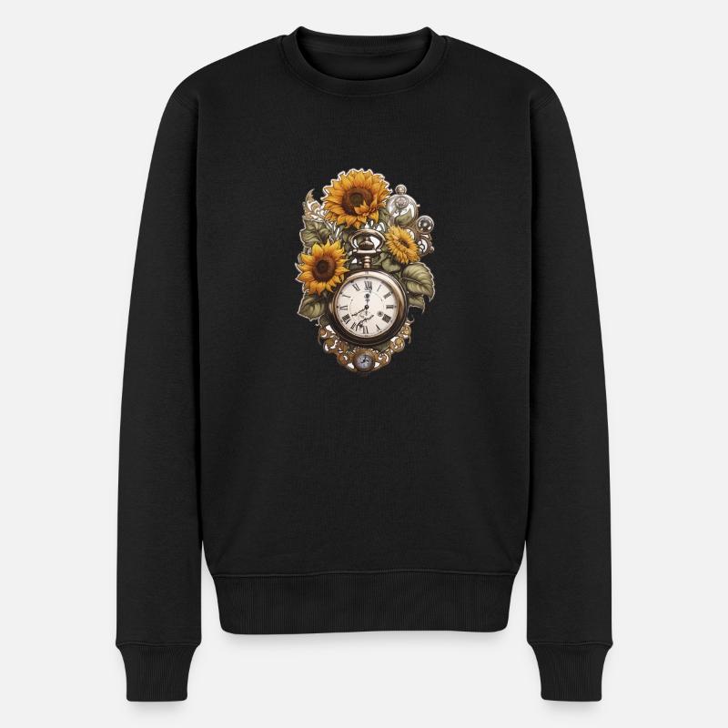 Uhr mit Sonnenblumen - Männer Premium Bio Pullover - Schwarz