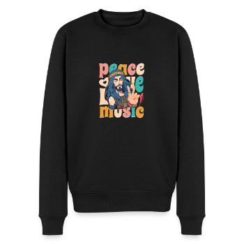 Hippie Retro Design - Frieden, Liebe, und Musik - Männer Premium Bio Pullover - Schwarz - Vorne - Nico (187cm)