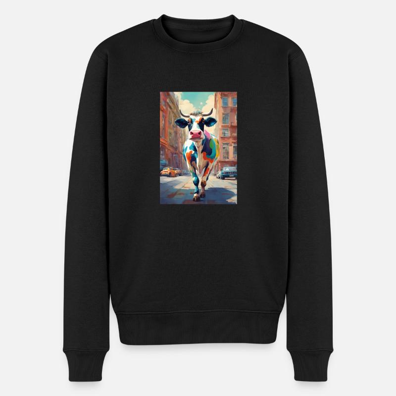 Bunte Kuh läuft durch die Stadt - Männer Premium Bio Pullover - Schwarz
