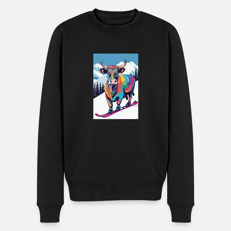 Bunte Kuh auf Ski - Männer Premium Bio Pullover - Schwarz