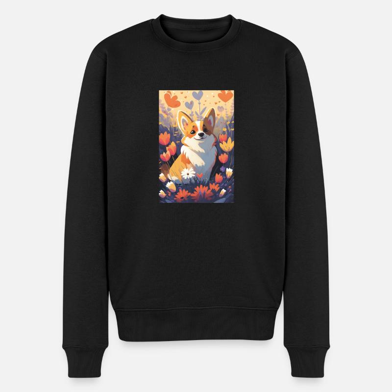 Happy Corgi in farbigen Blumen - Männer Premium Bio Pullover - Schwarz