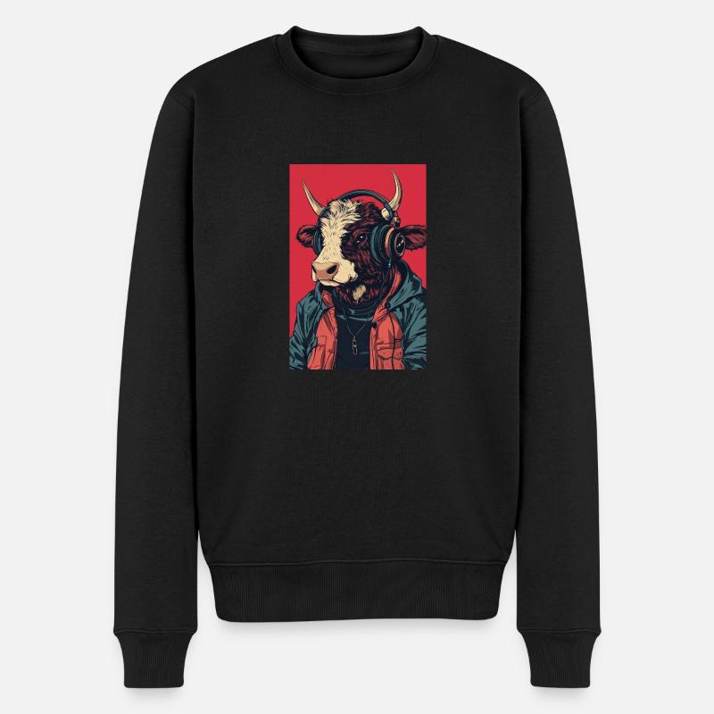 Hipster Kuh mit Kopfhörern - Männer Premium Bio Pullover - Schwarz