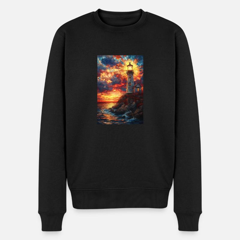 Buntglas-Leuchtturm Sonnenuntergang - Männer Premium Bio Pullover - Schwarz