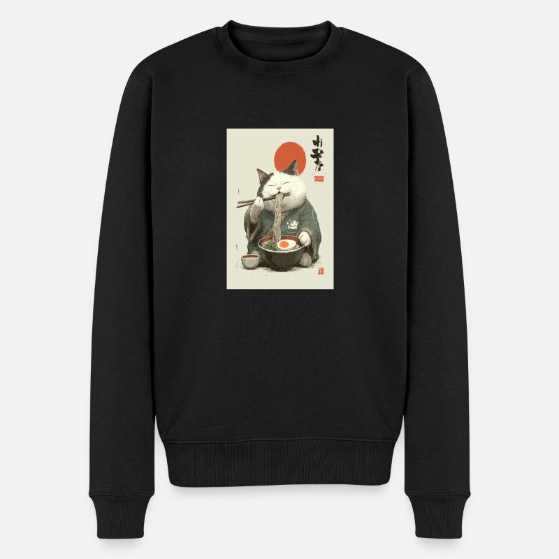 Samurai-Katze schlürft Ramen - Männer Premium Bio Pullover - Schwarz