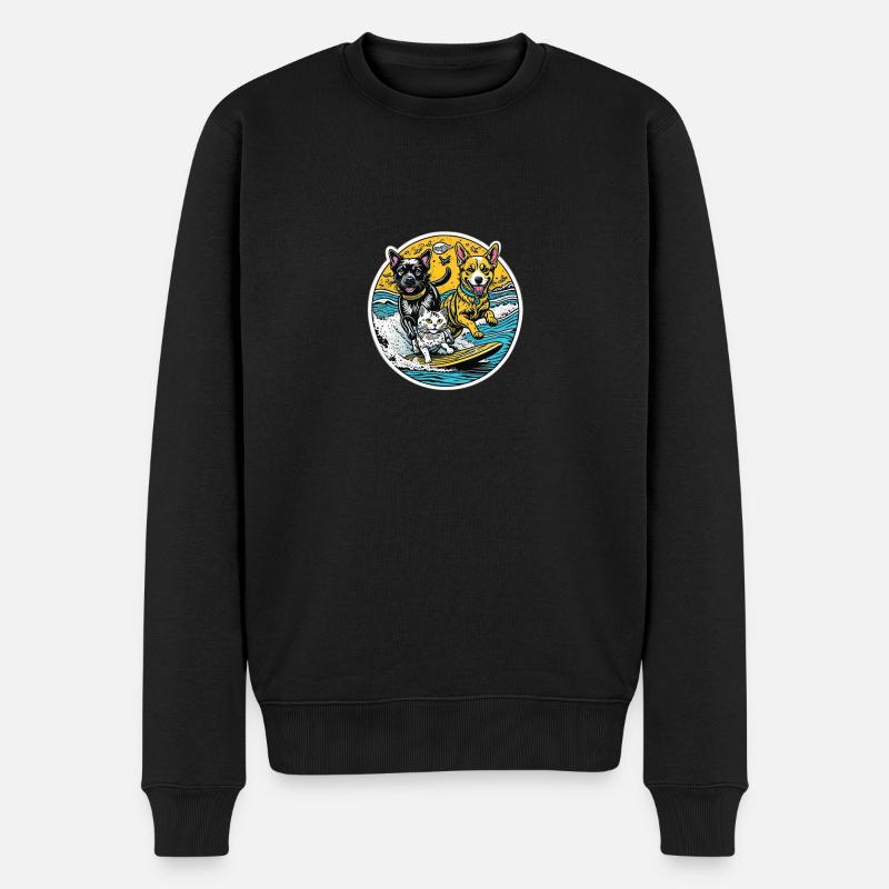 Un chat et des chiens surfant ensemble : meilleurs amis - Pull Premium bio Homme - noir
