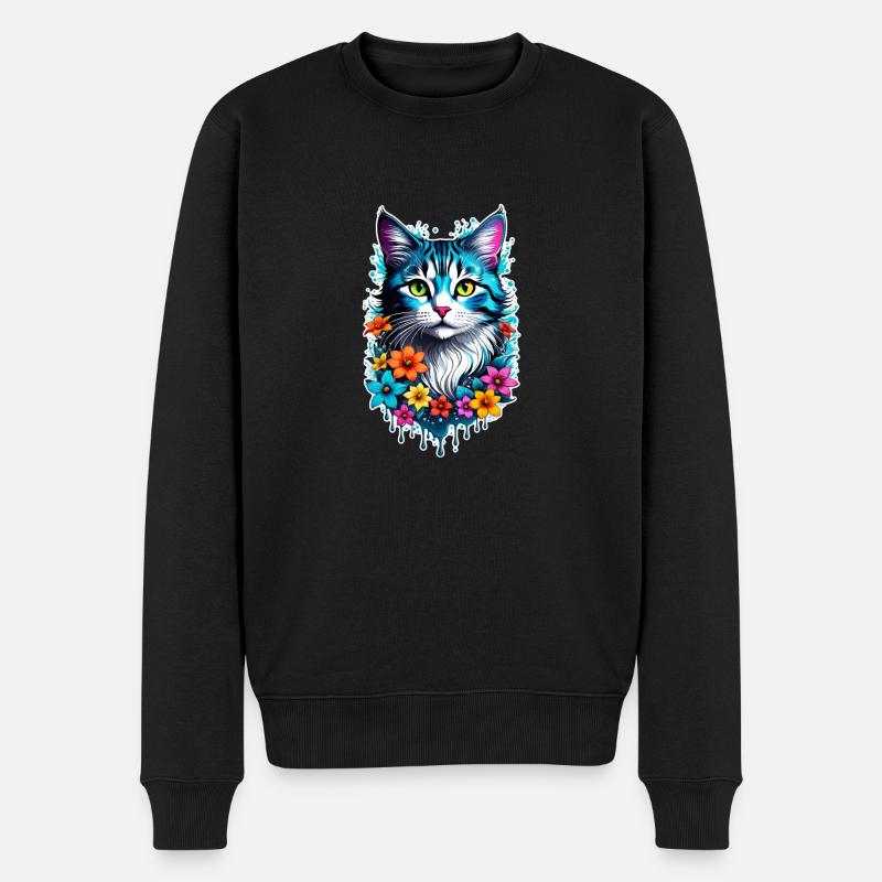 Katze und Blume - Männer Premium Bio Pullover - Schwarz