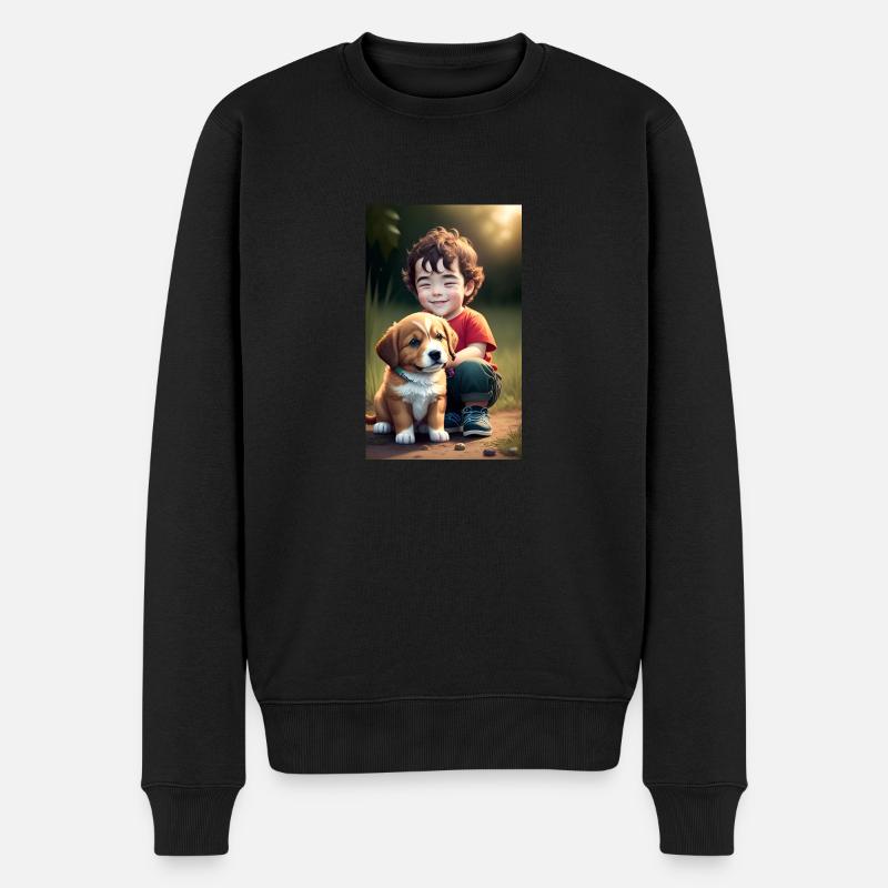 Garçon heureux avec un chiot - Pull Premium bio Homme - noir