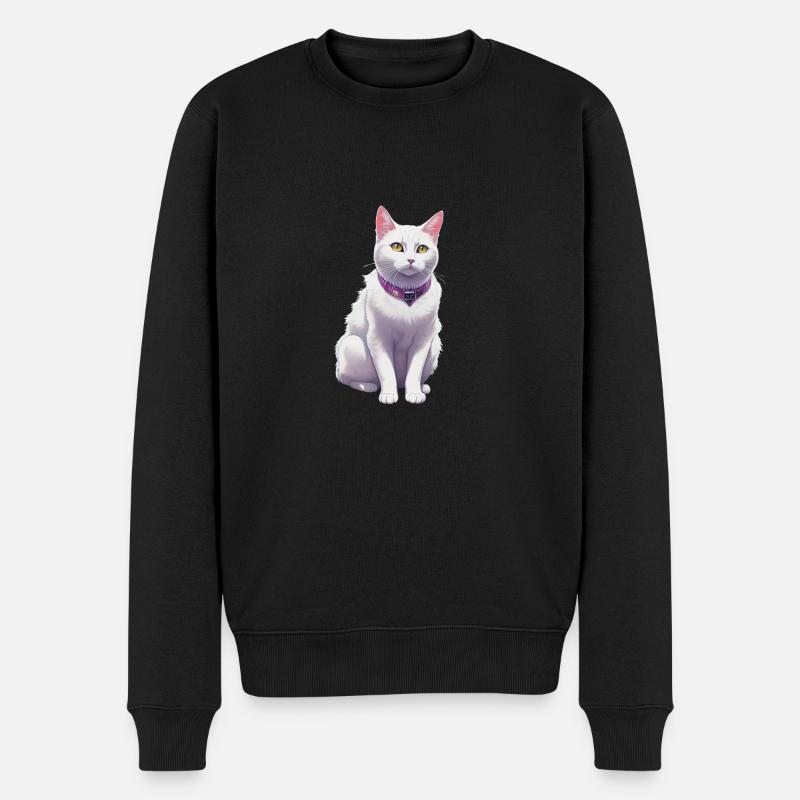 Weiße Katze mit lila Halsband - Männer Premium Bio Pullover - Schwarz