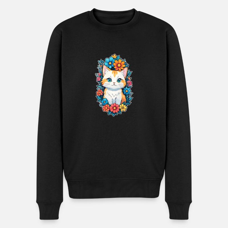 chat et fleur aquarelle - Pull Premium bio Homme - noir