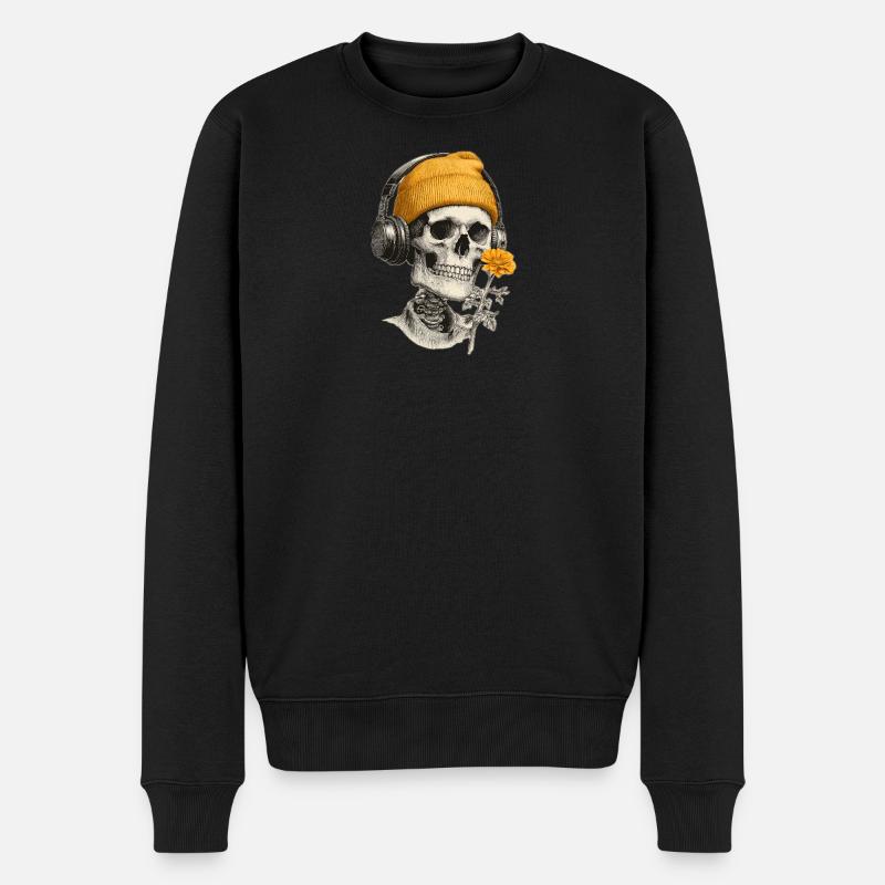 Schädel mit Gelber Mütze und Kopfhörern - Männer Premium Bio Pullover - Schwarz
