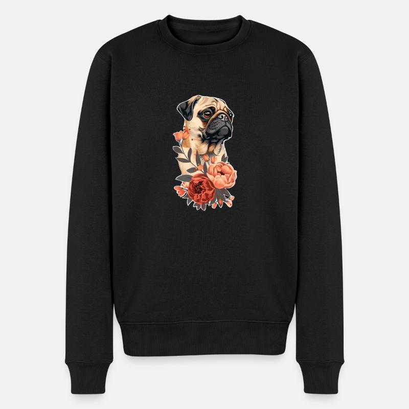 Mops mit Blumen - Männer Premium Bio Pullover - Schwarz