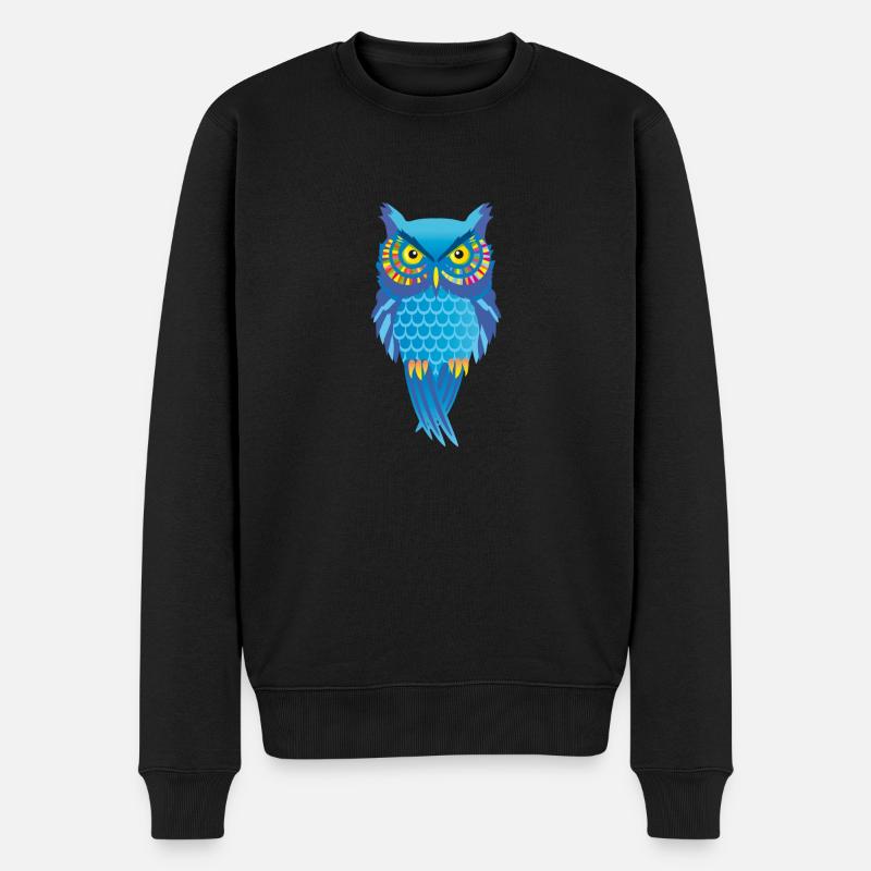 Eule blau, bunt Vogel auffallend - Männer Premium Bio Pullover - Schwarz