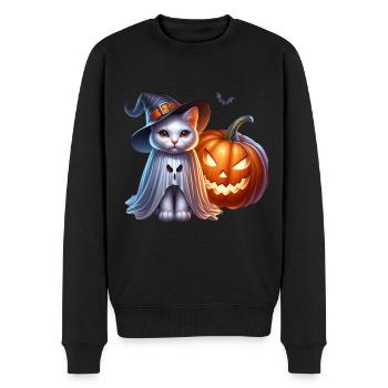 Katze mit Hexen Hut Kuerbis Halloween - Männer Premium Bio Pullover - Schwarz - Vorne - Nico (187cm)