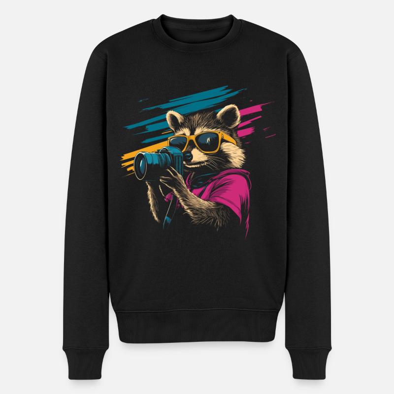 Waschbär mit Sonnenbrille und Kamera - Männer Premium Bio Pullover - Schwarz