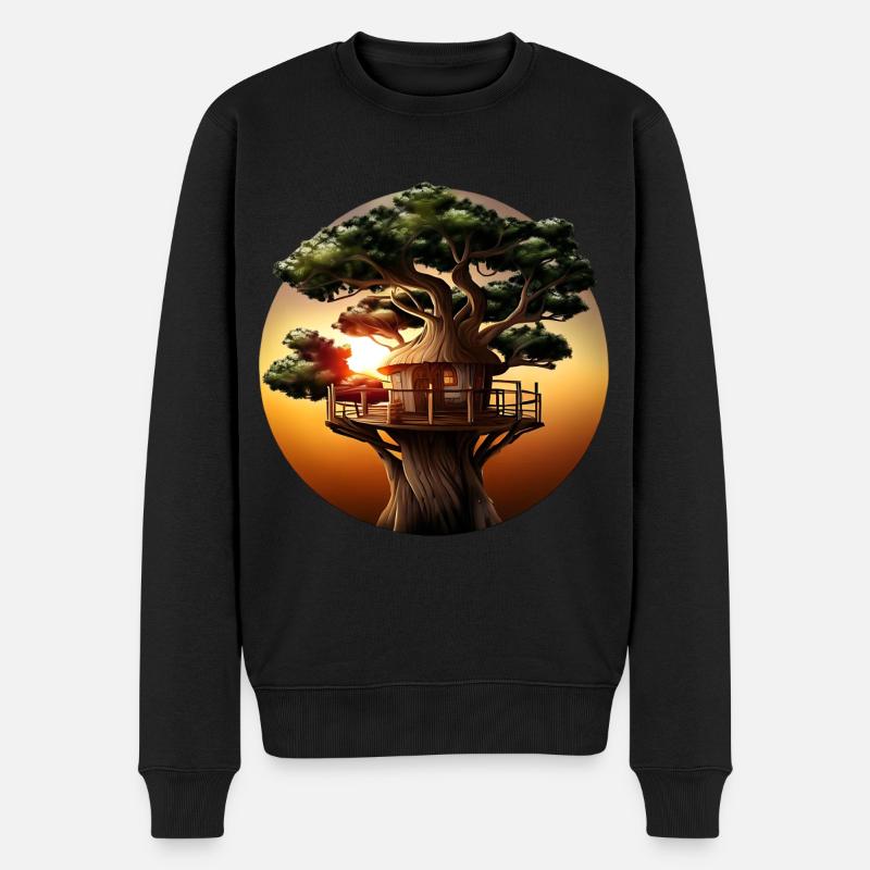 Baumhaus im Sonnenuntergang - Männer Premium Bio Pullover - Schwarz