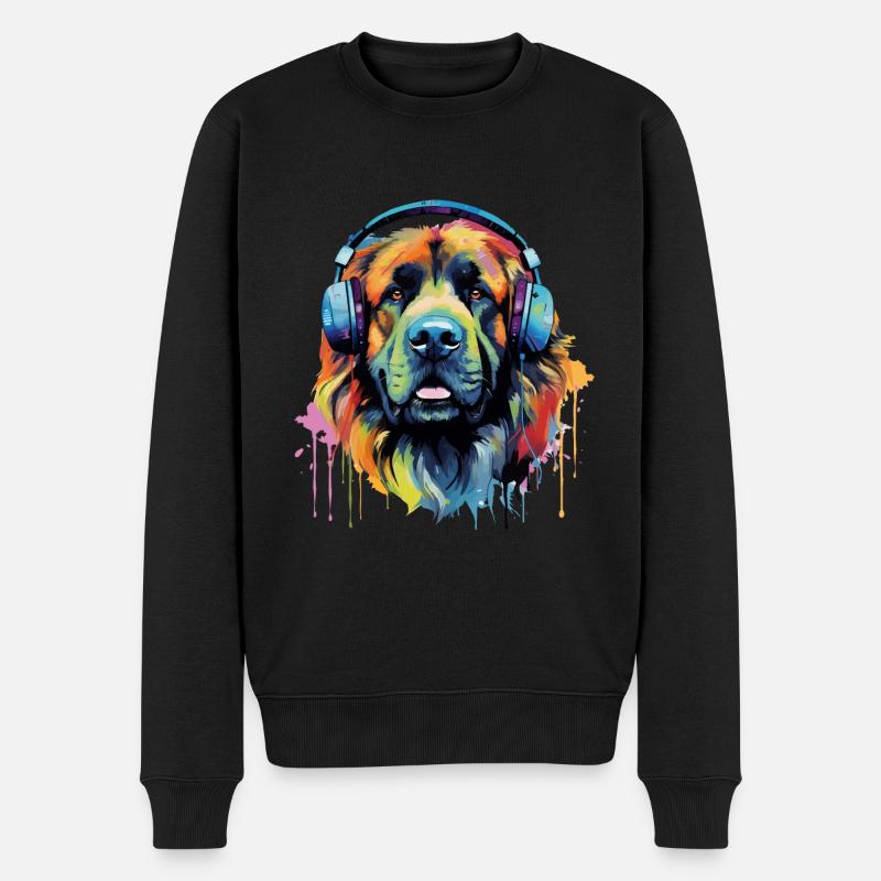 Bunter Leonberger mit Kopfhörer - Männer Premium Bio Pullover - Schwarz